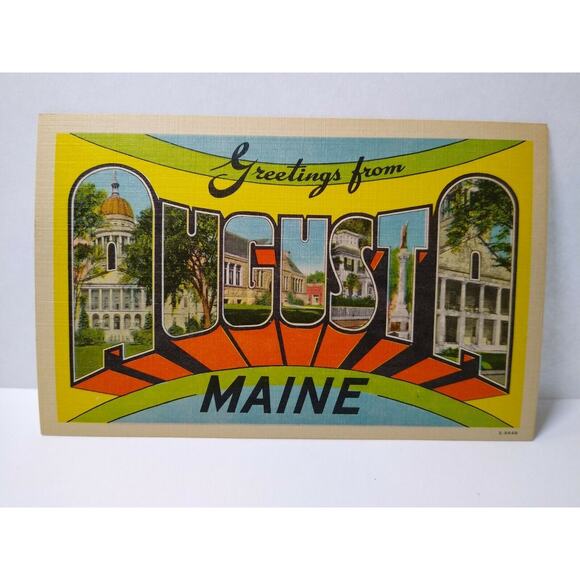 Greetings From Augusta Maine Big Large Letter Rainbow Postcard Linen E-8649 - Picture 2 of 3